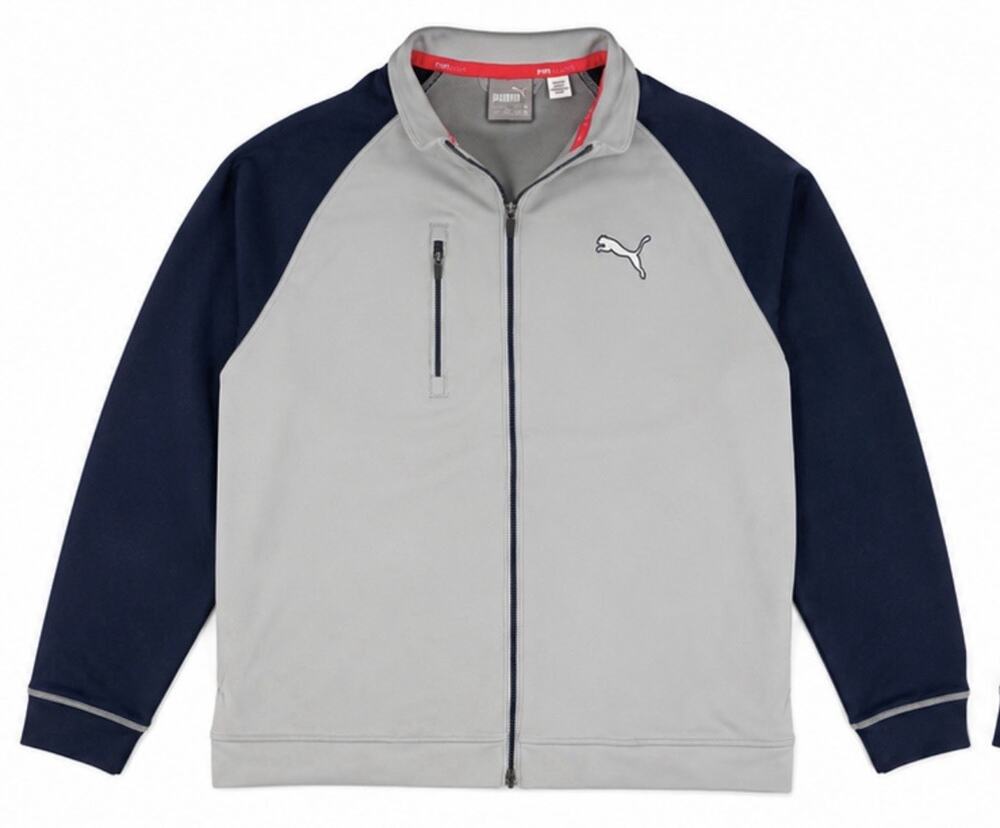 Puma PWRWARM Full Zip Jacket Gray Navy Athletic Track Golf Jacket Size XL